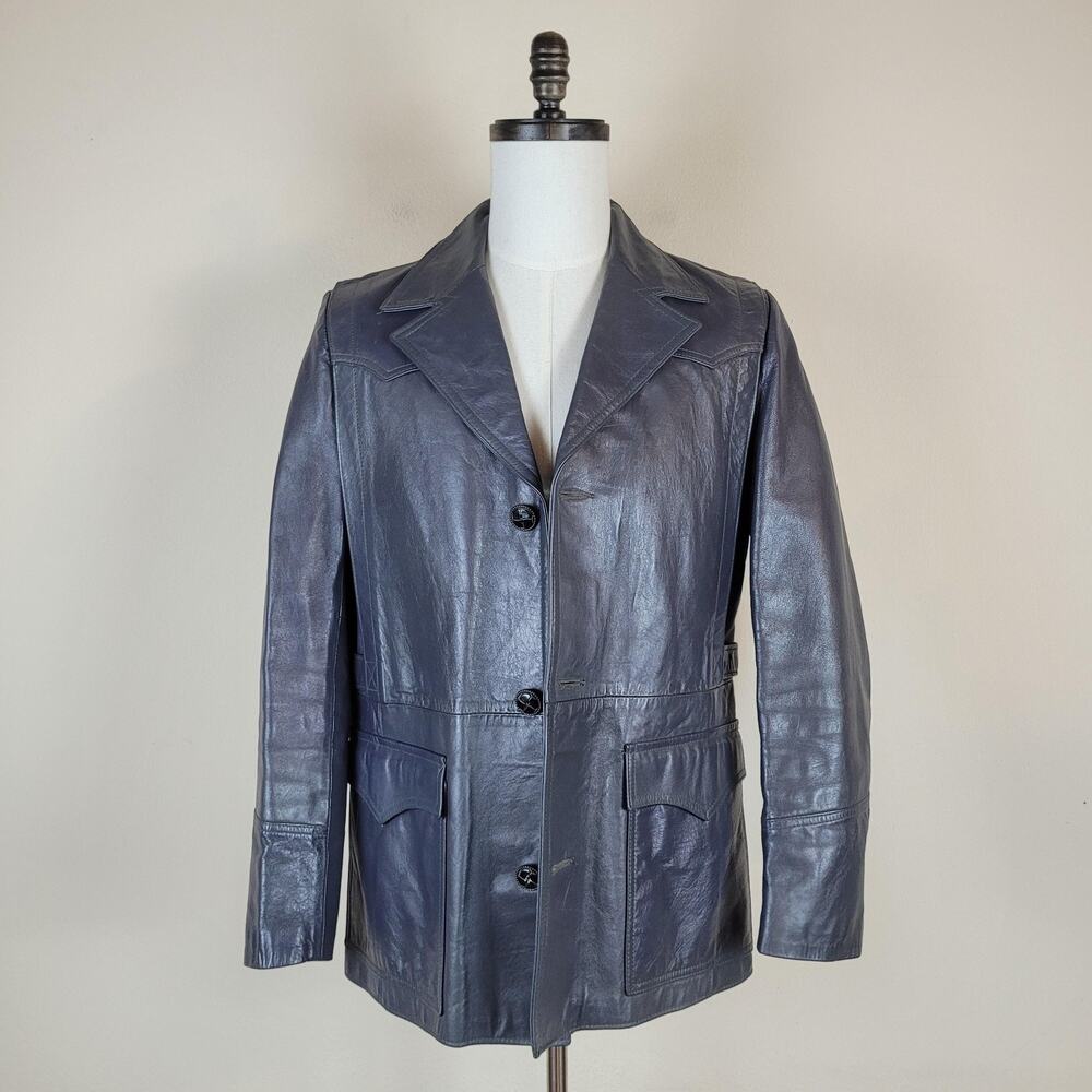 Pioneer Wear Blazer 42 Blue Gray Leather Western Sport Coat Jacket 70s Cowboy